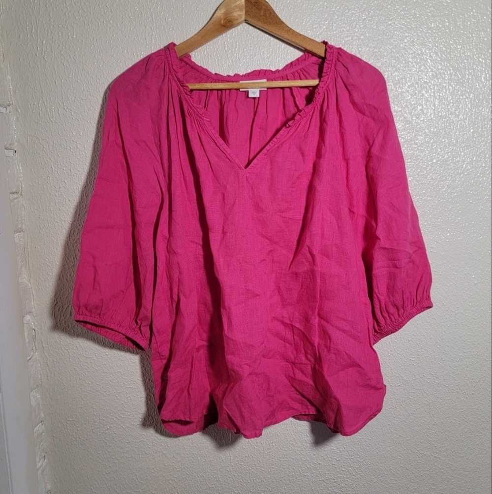 J Jill Love Linen Ruffle Accent Peasant Blouse sz M Hot Pink Coastal Beach Chic